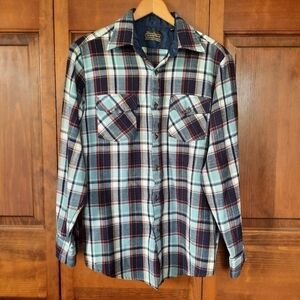 Vintage Sears SportsWear blue maroon plaid flannel button down shirt